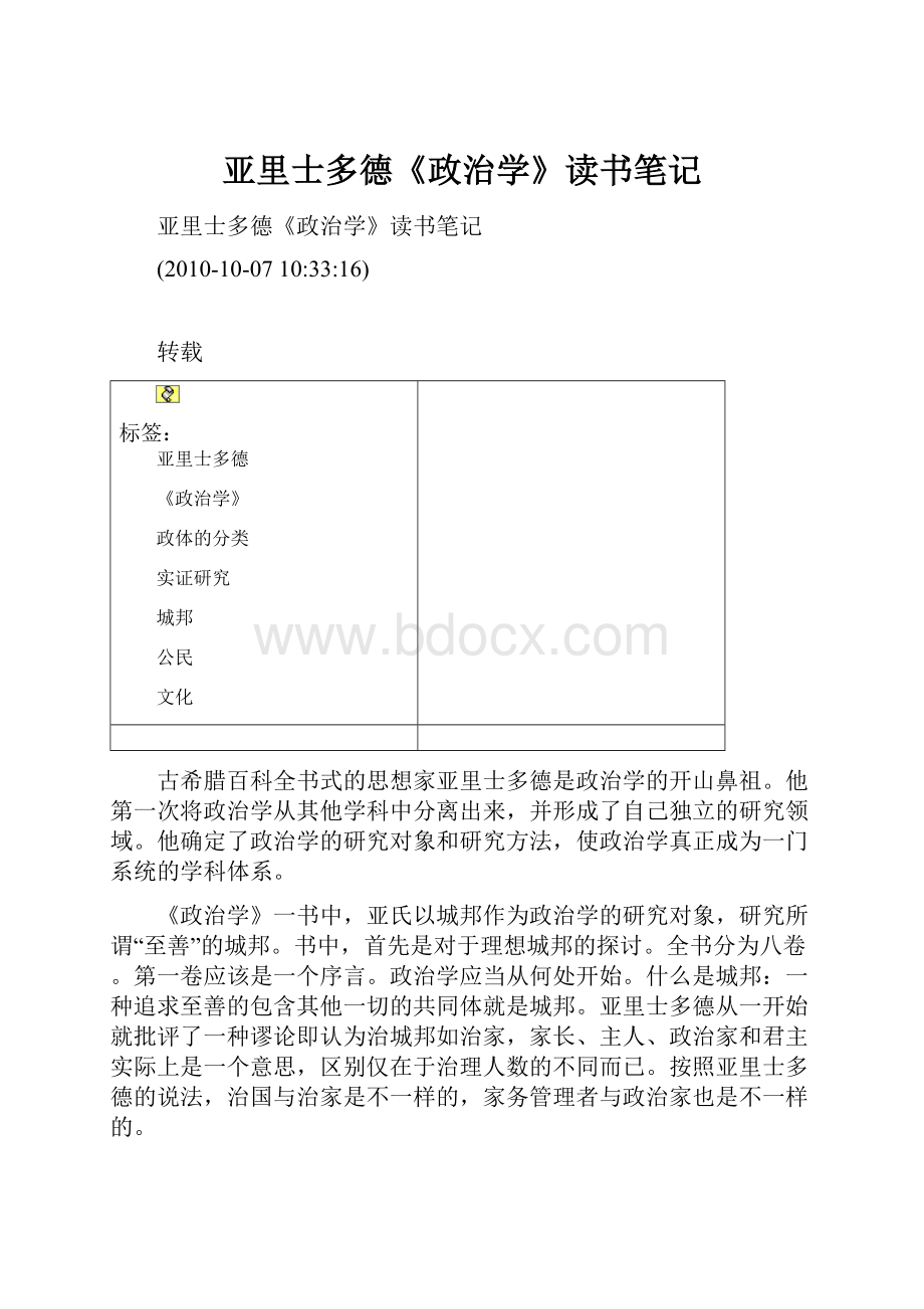 亚里士多德《政治学》读书笔记.docx_第1页