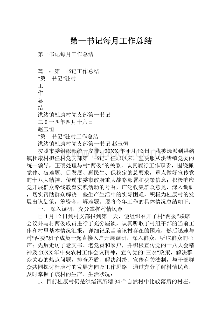 第一书记每月工作总结.docx