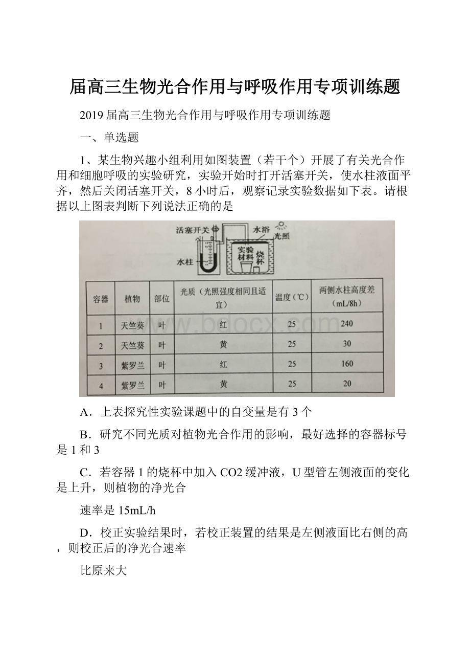 届高三生物光合作用与呼吸作用专项训练题.docx_第1页