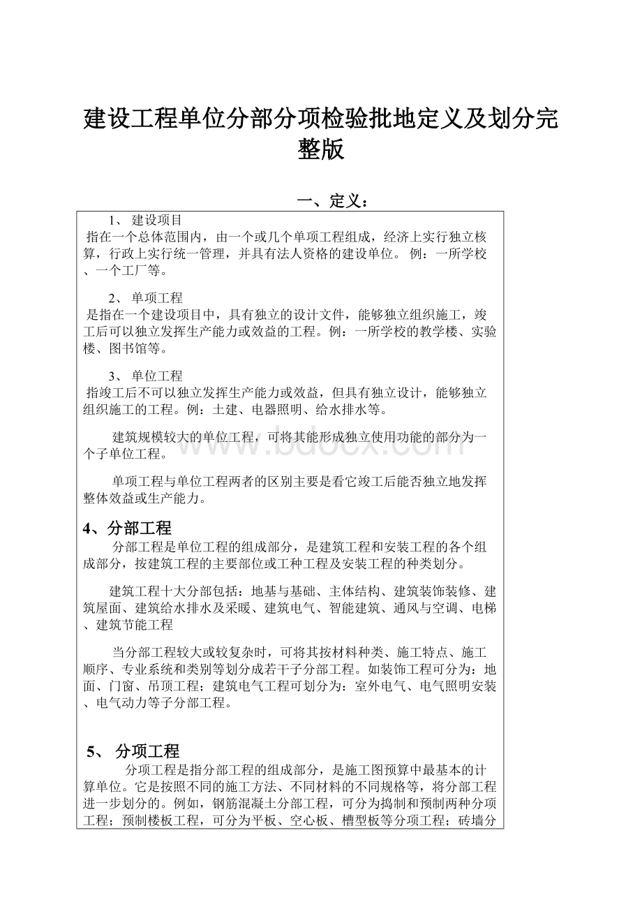 建设工程单位分部分项检验批地定义及划分完整版.docx