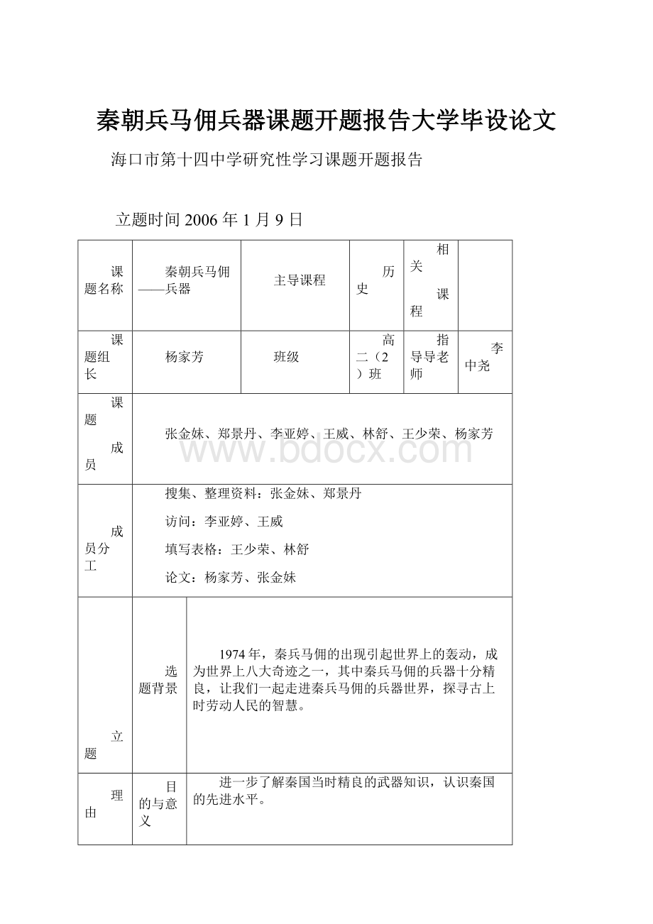 秦朝兵马佣兵器课题开题报告大学毕设论文.docx_第1页