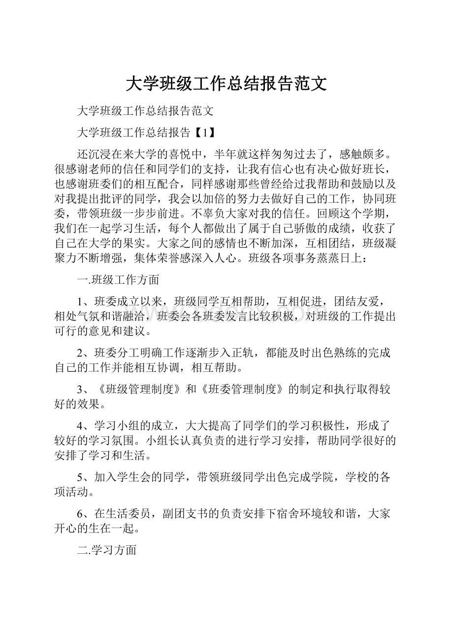 大学班级工作总结报告范文.docx