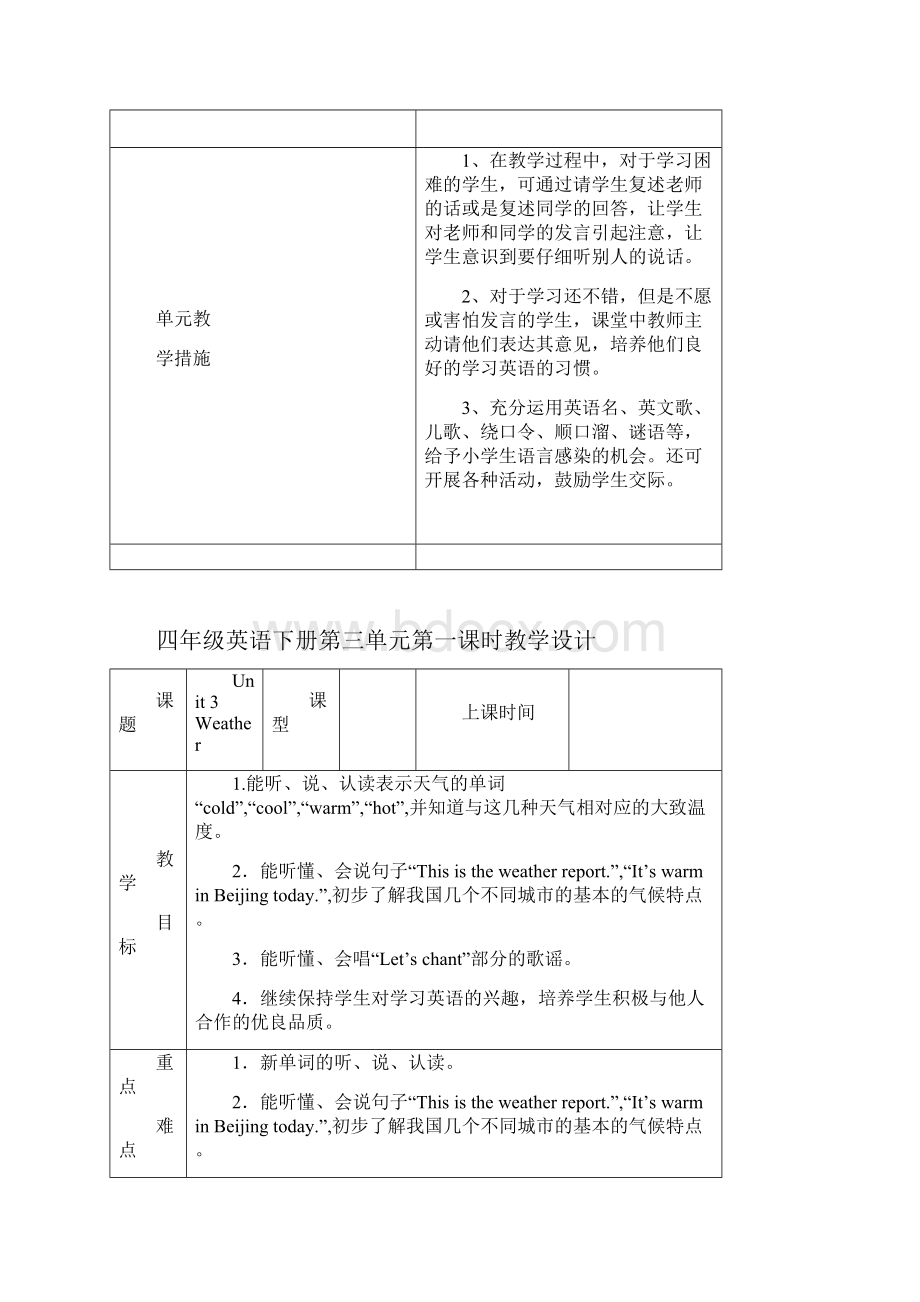 最新新人教版小学四年级英语下册unit3Weather教案知识分享.docx_第2页