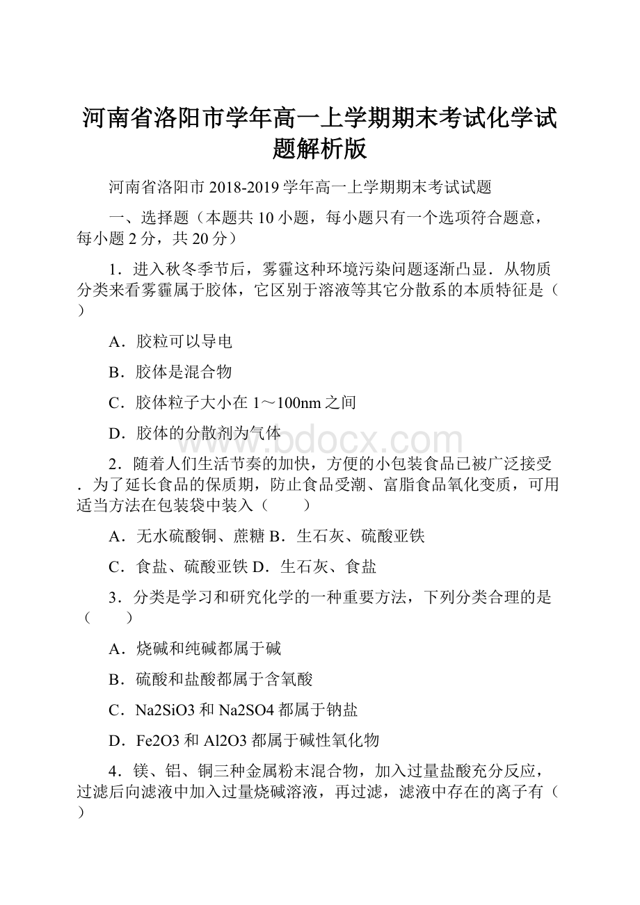 河南省洛阳市学年高一上学期期末考试化学试题解析版.docx