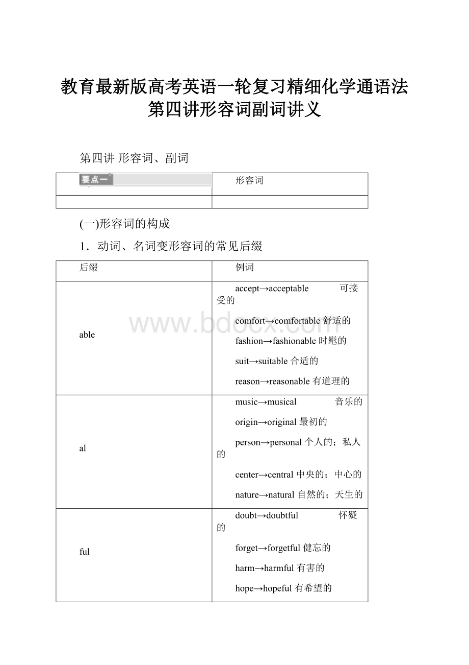 教育最新版高考英语一轮复习精细化学通语法第四讲形容词副词讲义.docx