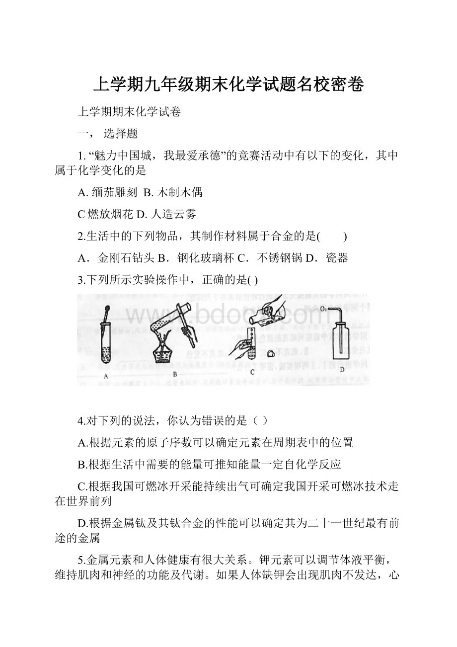 上学期九年级期末化学试题名校密卷.docx