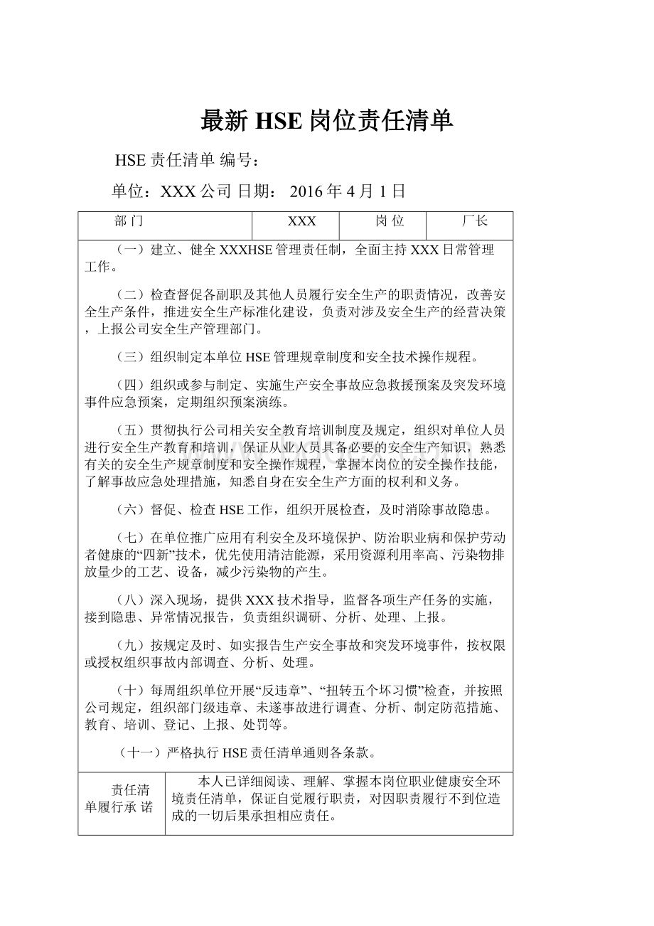 最新HSE岗位责任清单.docx