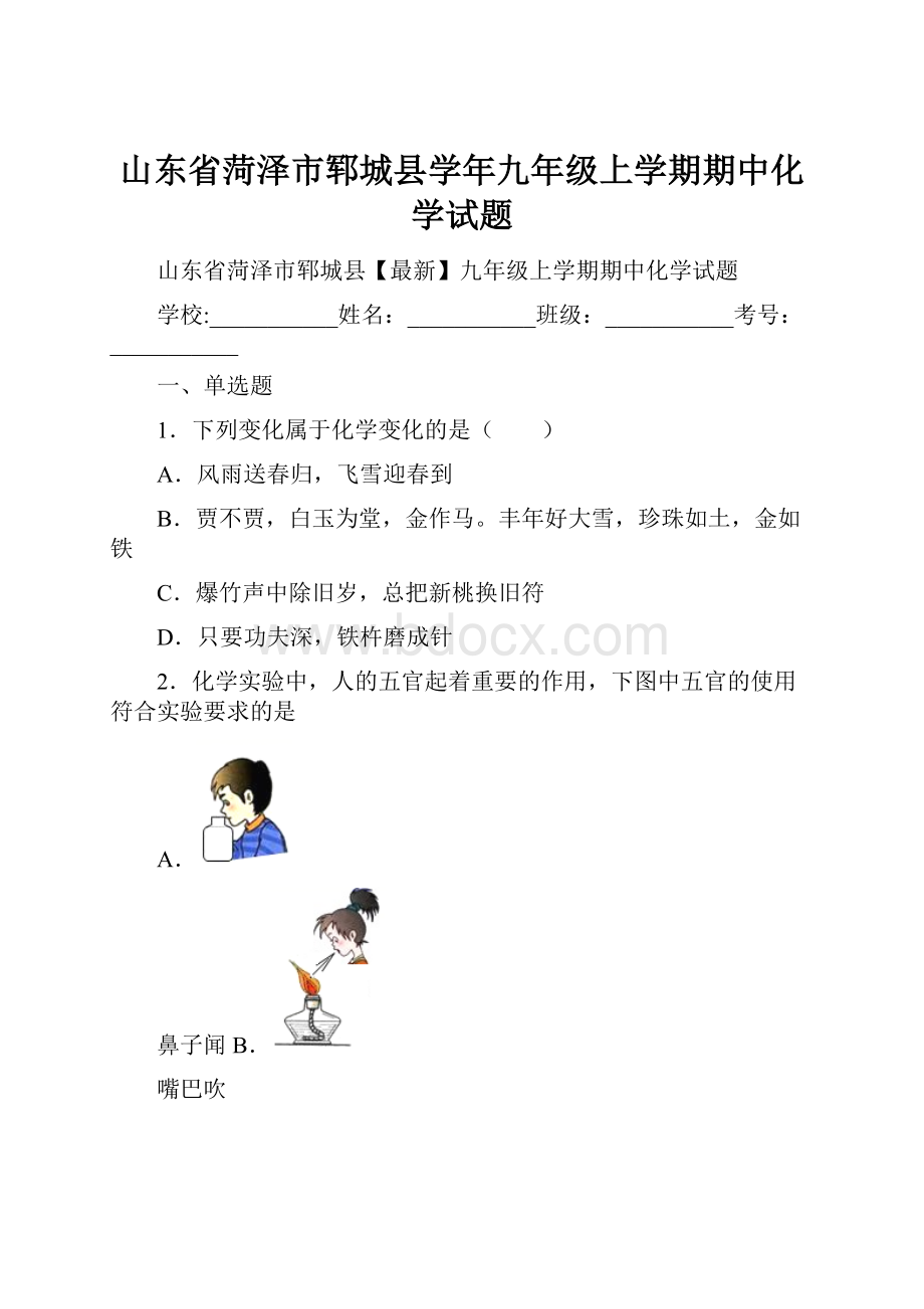 山东省菏泽市郓城县学年九年级上学期期中化学试题.docx