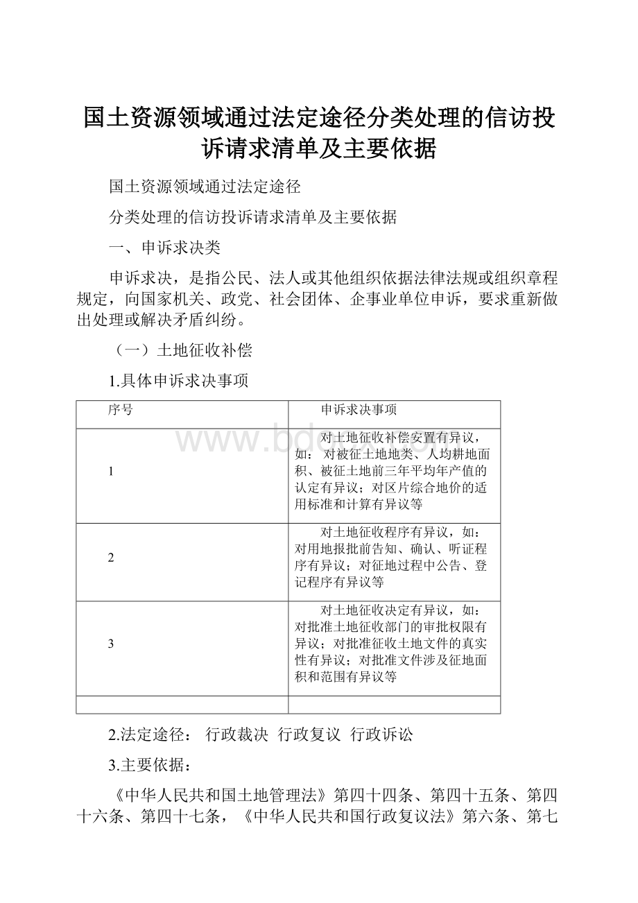 国土资源领域通过法定途径分类处理的信访投诉请求清单及主要依据.docx