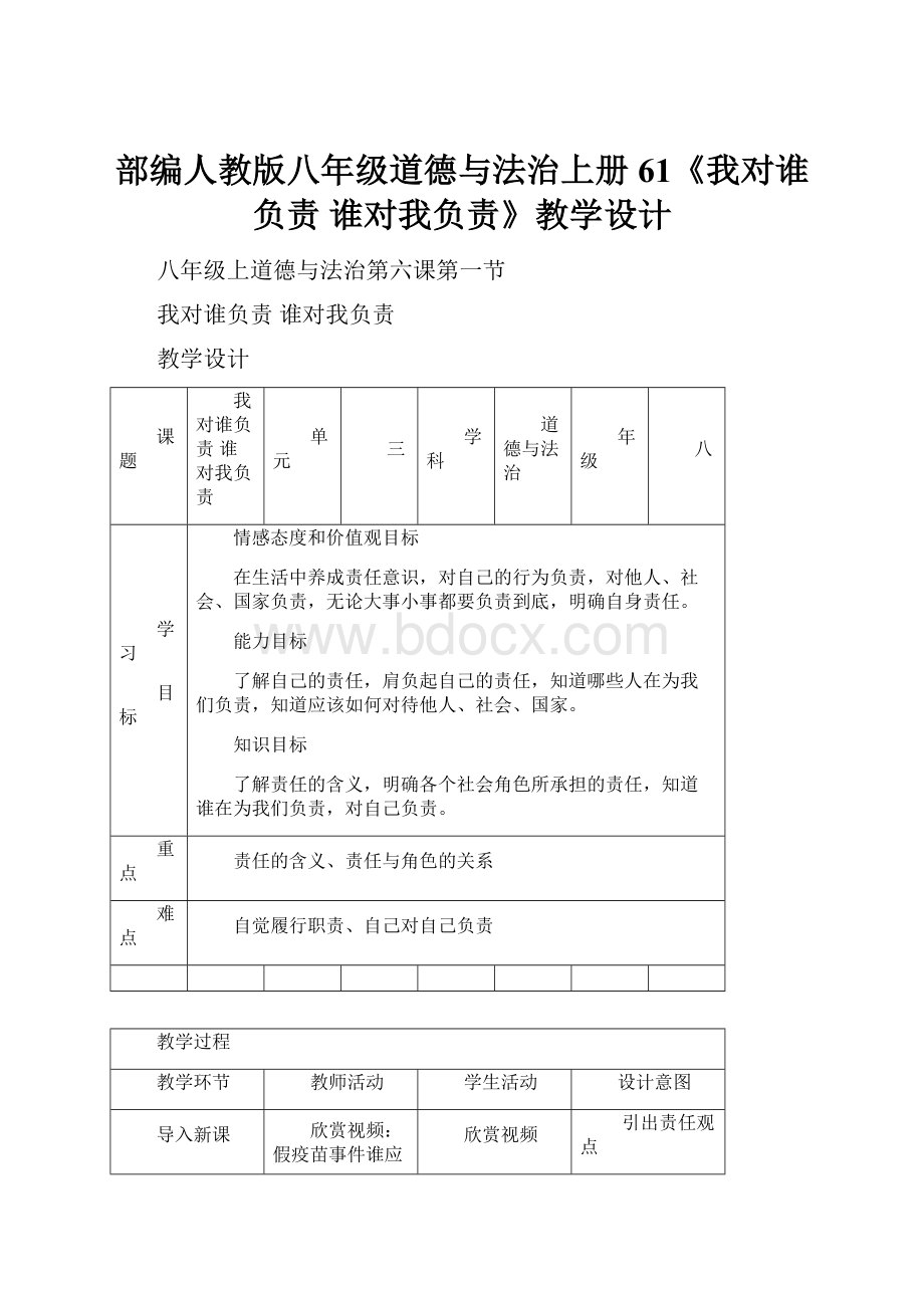 部编人教版八年级道德与法治上册61《我对谁负责 谁对我负责》教学设计.docx_第1页