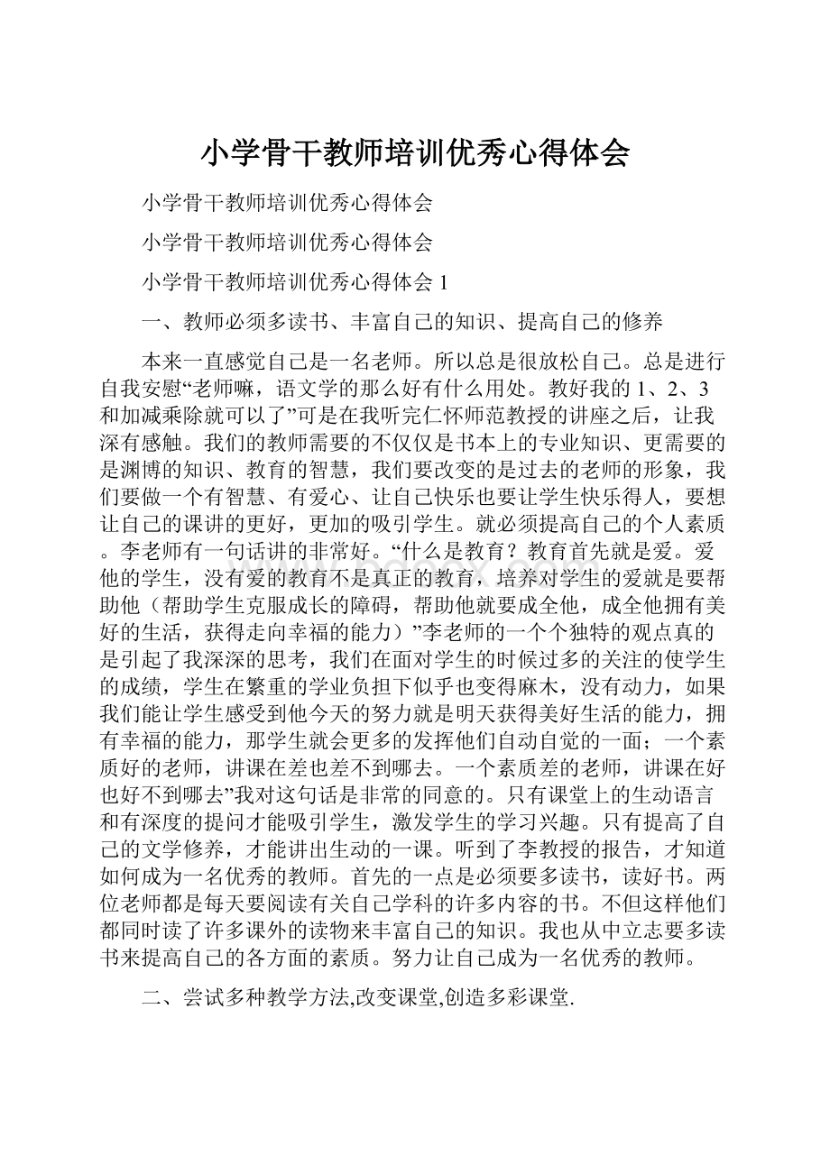 小学骨干教师培训优秀心得体会.docx_第1页