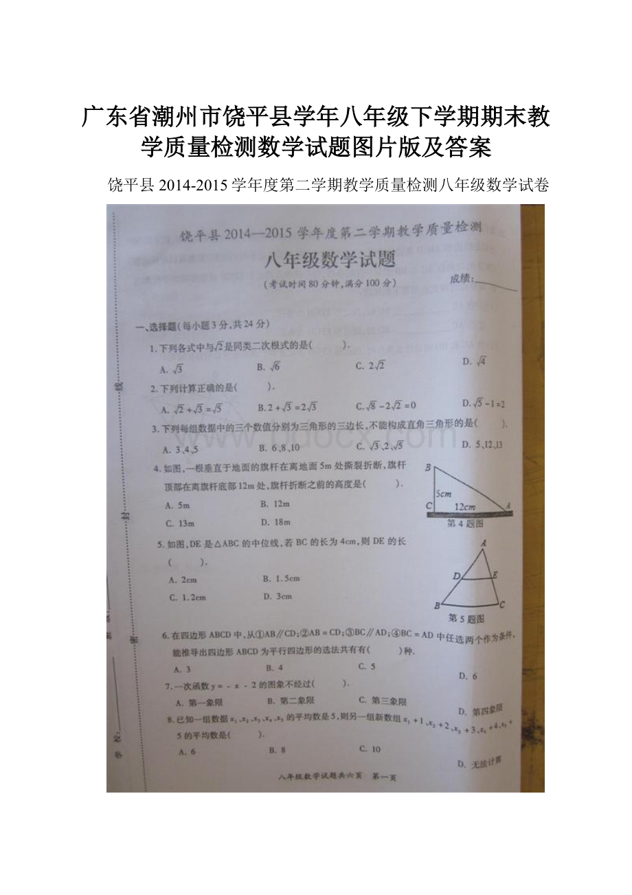 广东省潮州市饶平县学年八年级下学期期末教学质量检测数学试题图片版及答案.docx_第1页