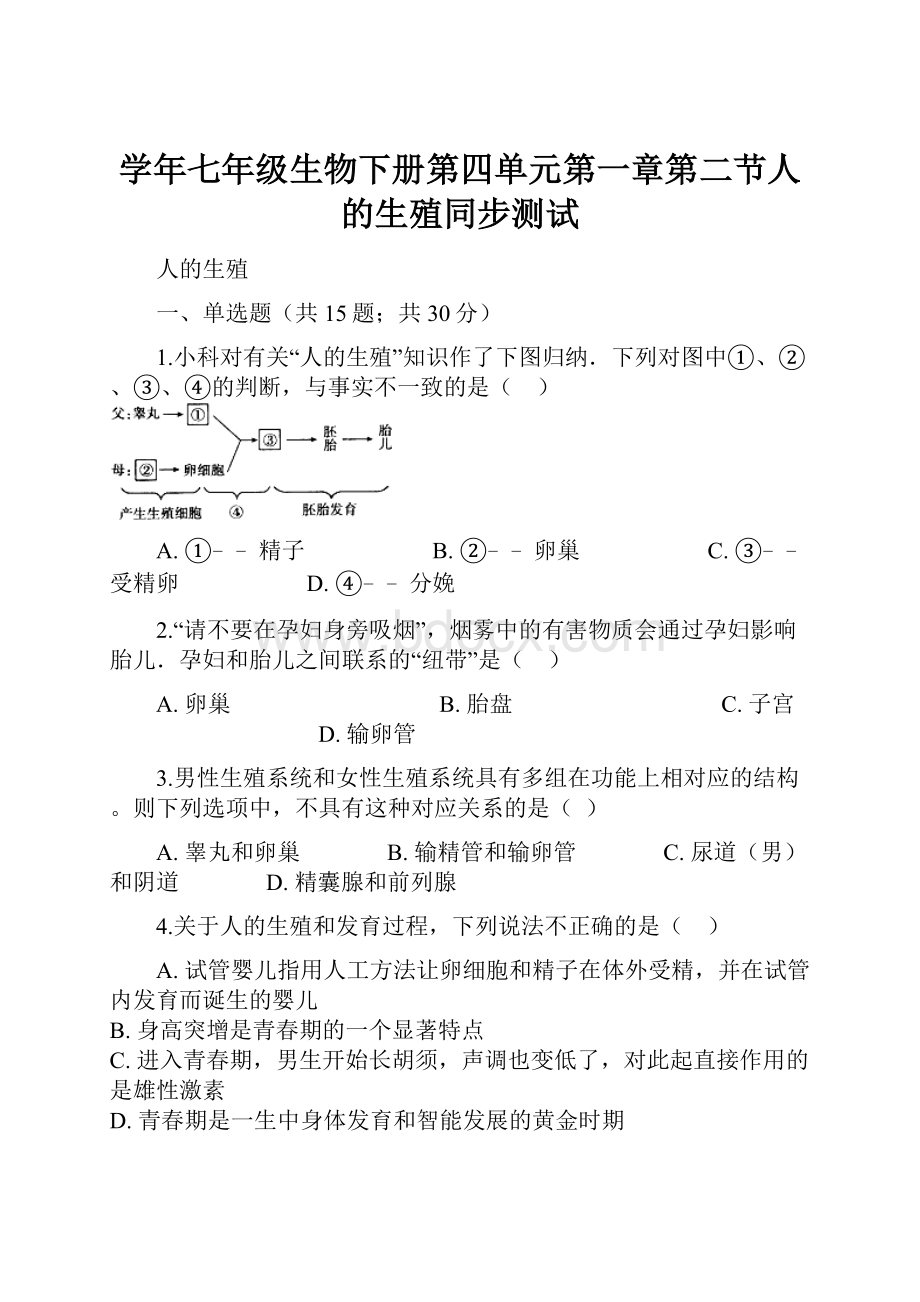 学年七年级生物下册第四单元第一章第二节人的生殖同步测试.docx