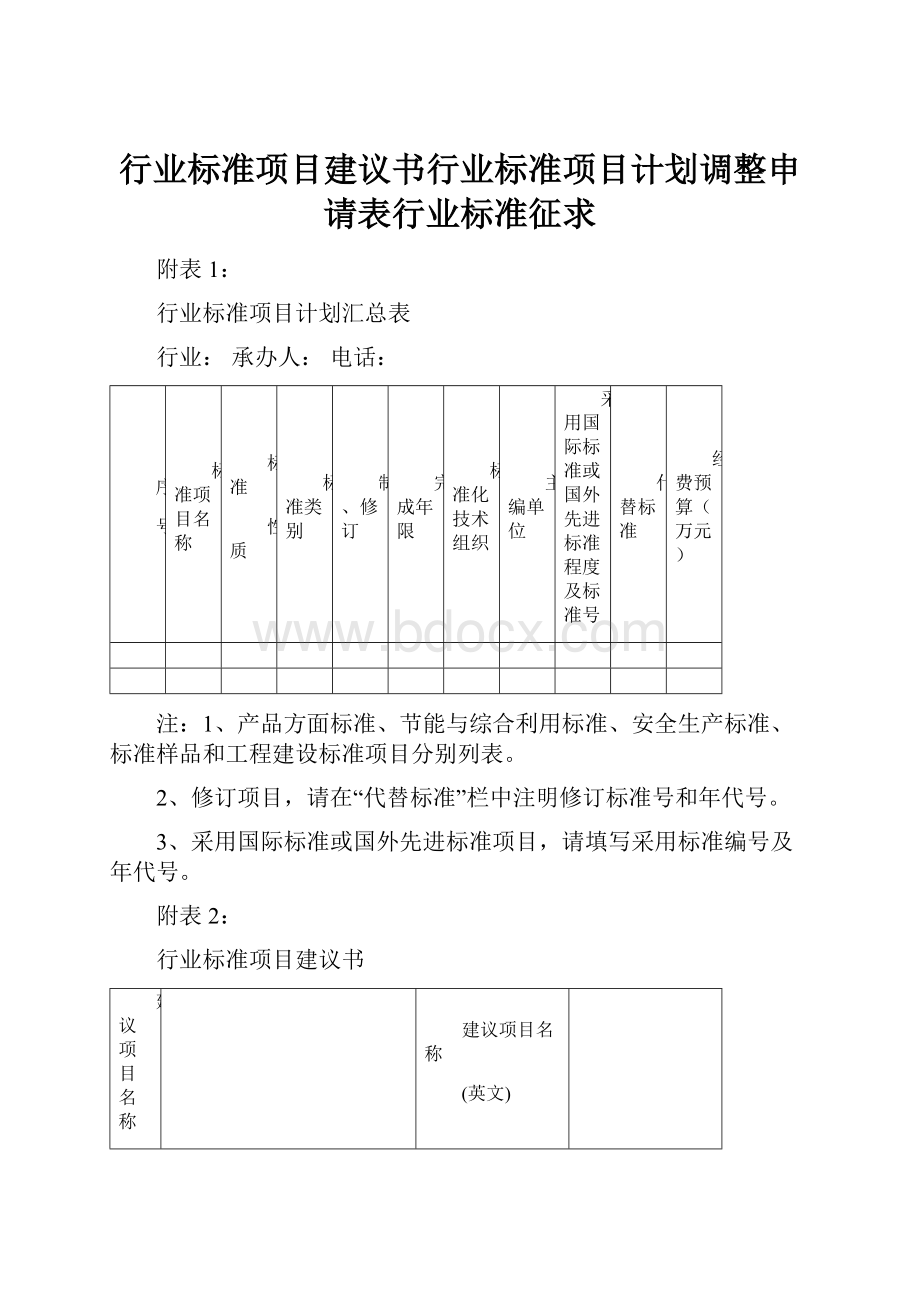 行业标准项目建议书行业标准项目计划调整申请表行业标准征求.docx