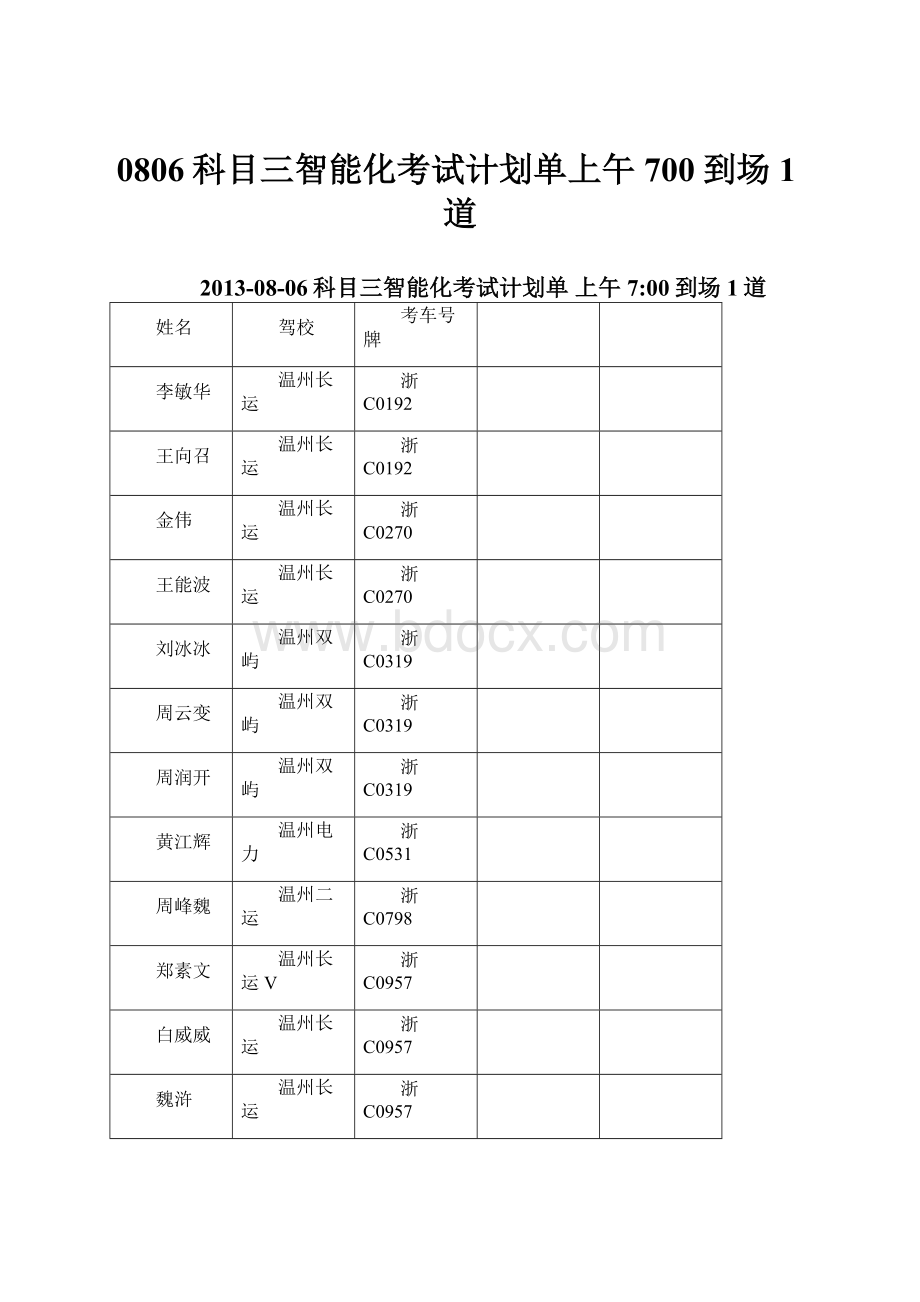 0806科目三智能化考试计划单上午700到场1道.docx