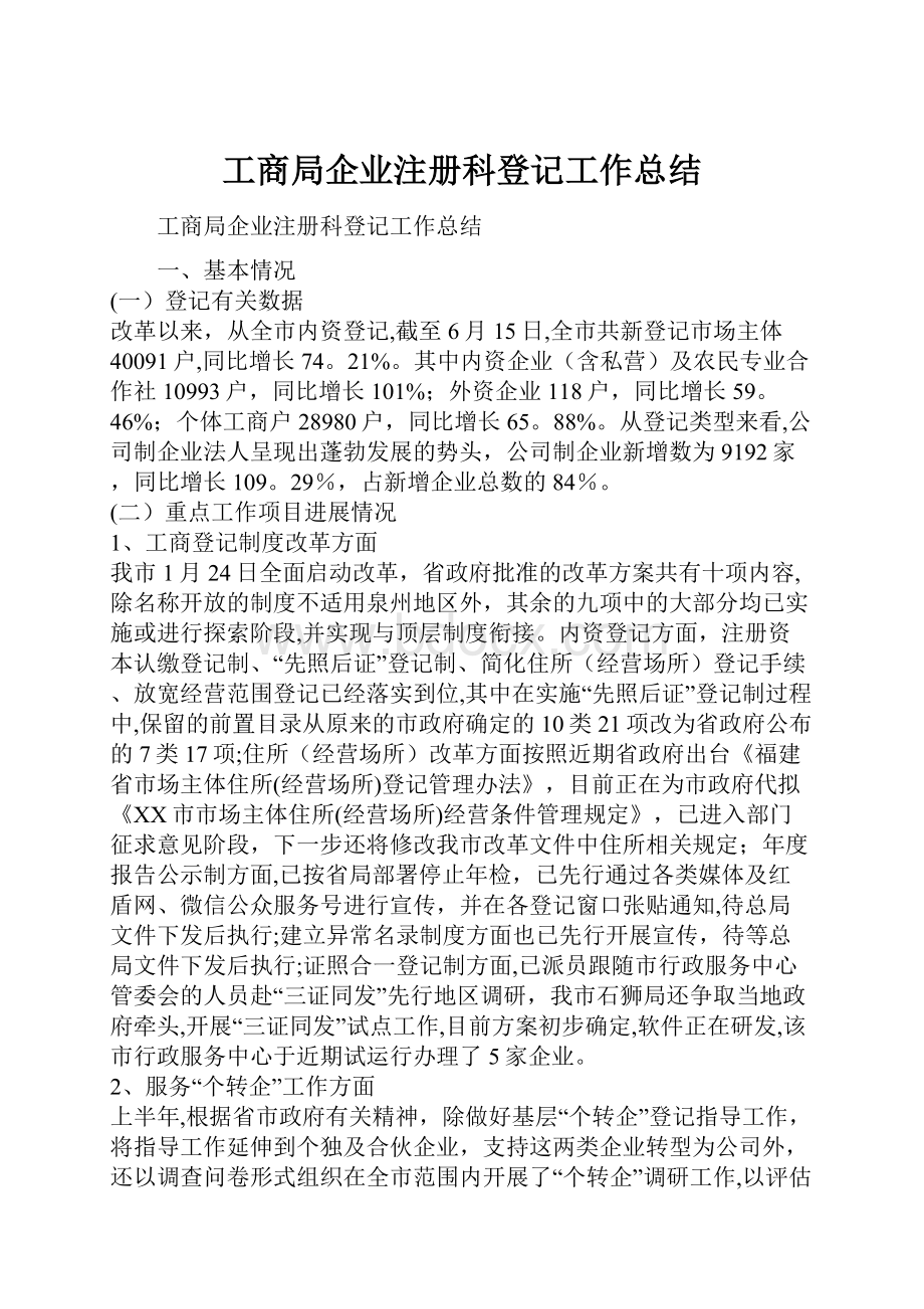 工商局企业注册科登记工作总结.docx