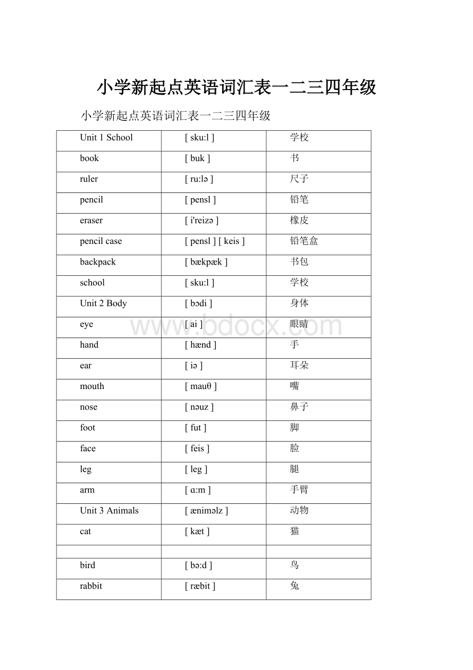 小学新起点英语词汇表一二三四年级.docx