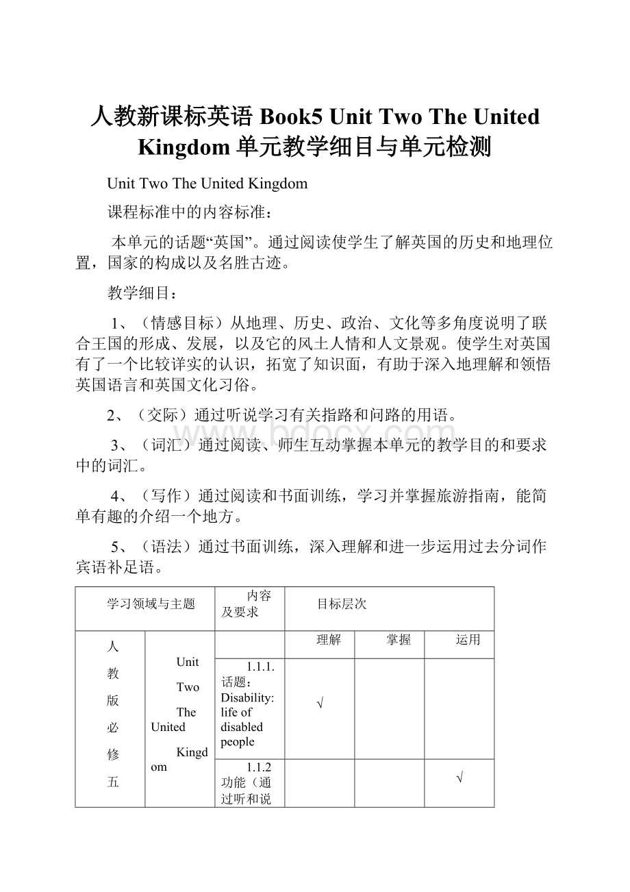 人教新课标英语Book5 Unit Two The United Kingdom单元教学细目与单元检测.docx_第1页