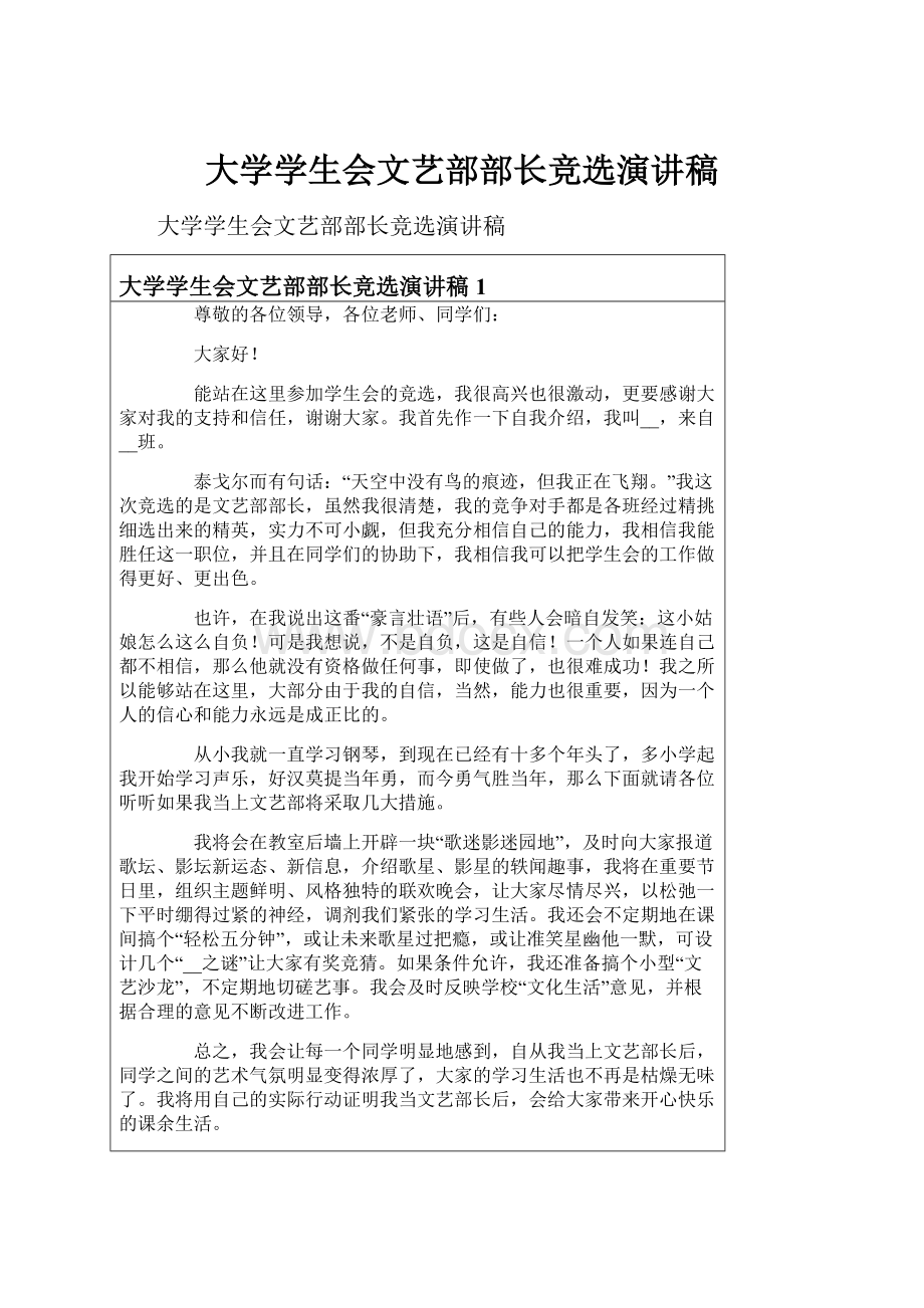 大学学生会文艺部部长竞选演讲稿.docx