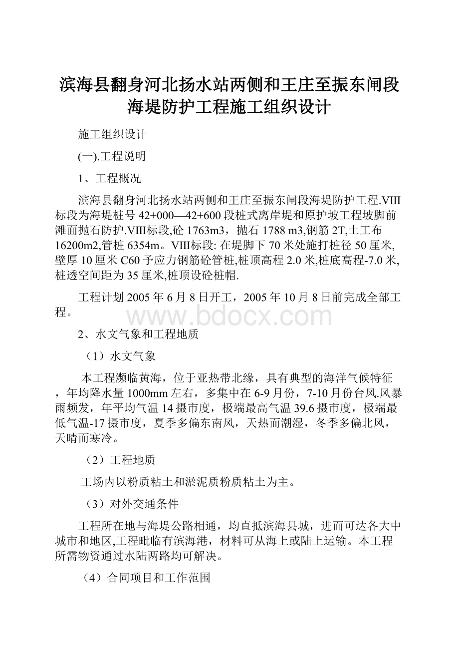 滨海县翻身河北扬水站两侧和王庄至振东闸段海堤防护工程施工组织设计.docx