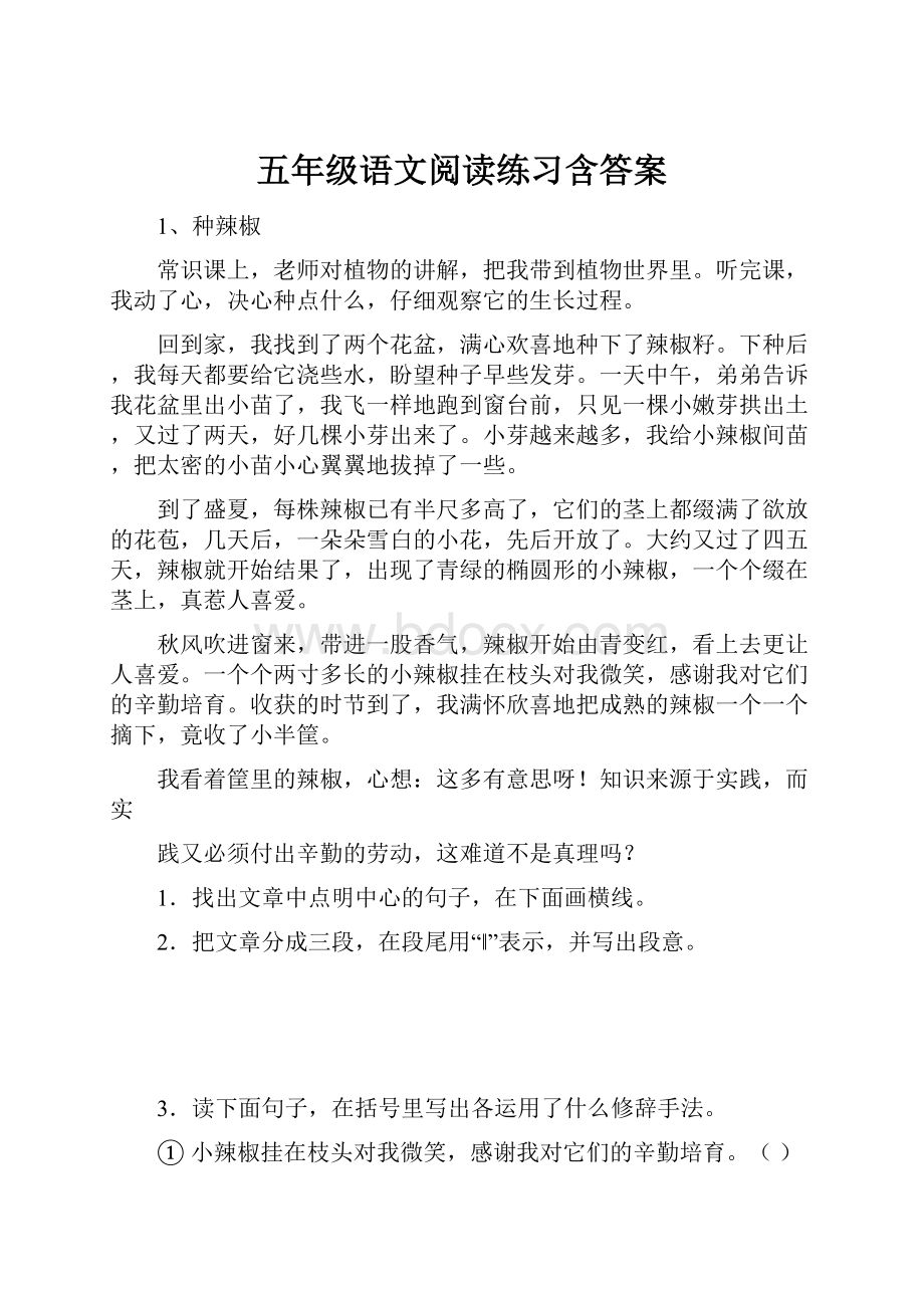 五年级语文阅读练习含答案.docx