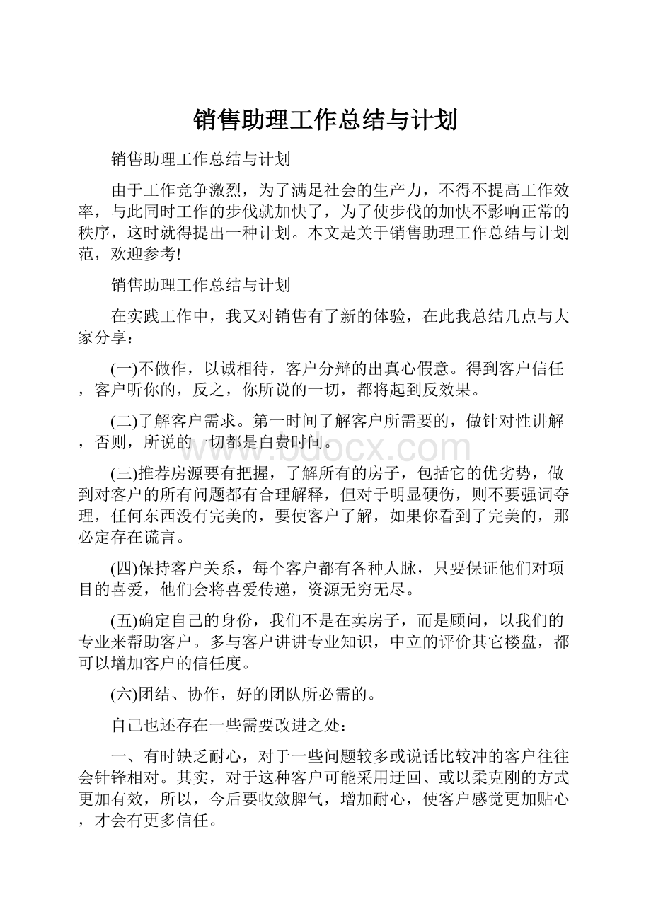 销售助理工作总结与计划.docx