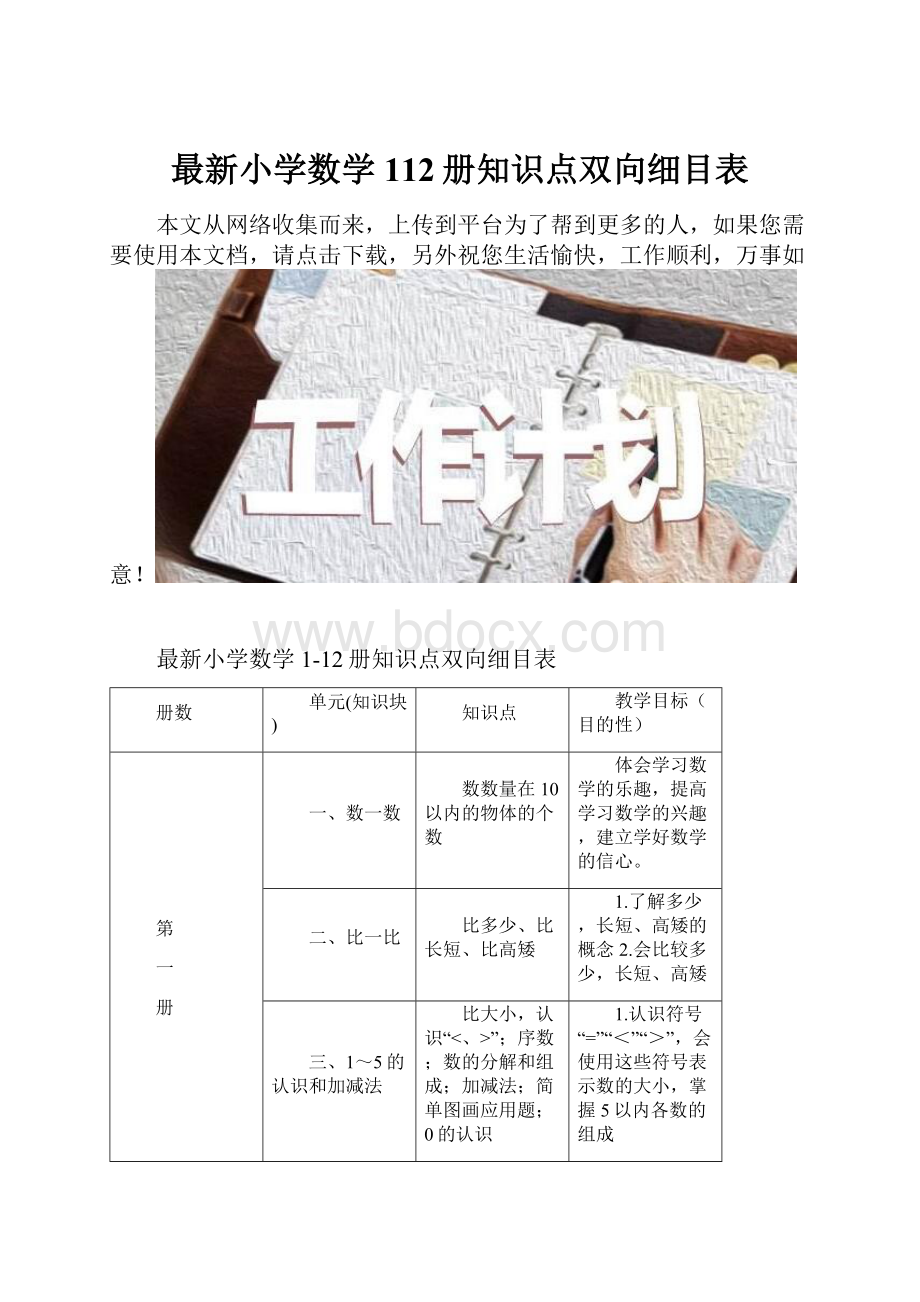 最新小学数学112册知识点双向细目表.docx