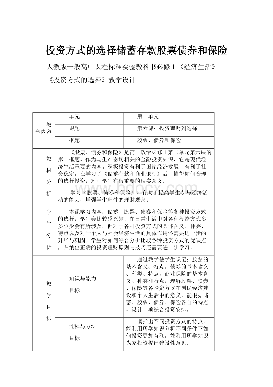 投资方式的选择储蓄存款股票债券和保险.docx