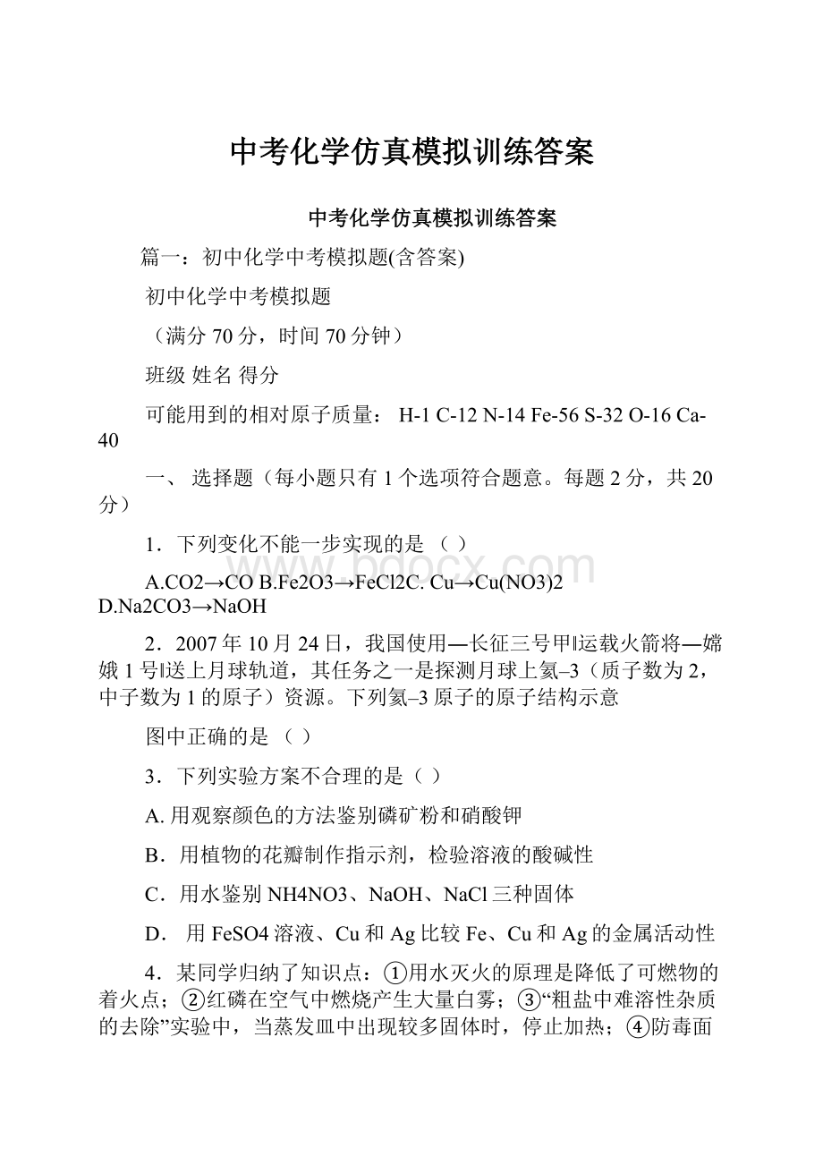 中考化学仿真模拟训练答案.docx