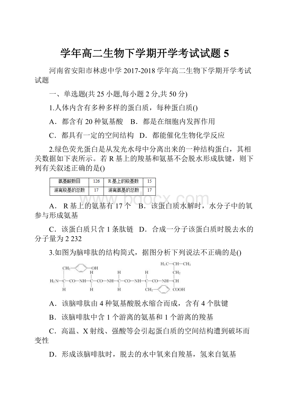 学年高二生物下学期开学考试试题5.docx_第1页