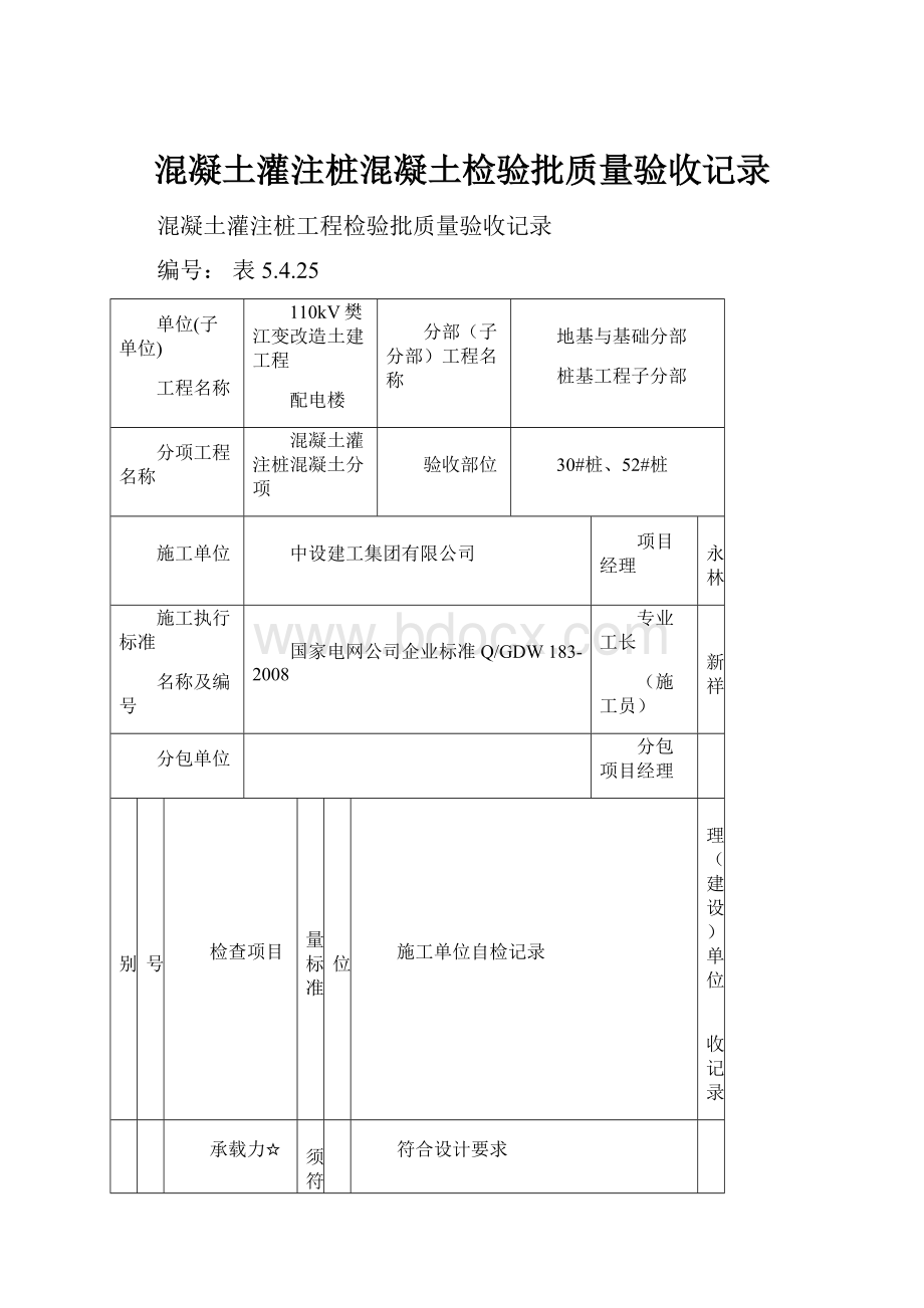 混凝土灌注桩混凝土检验批质量验收记录.docx_第1页