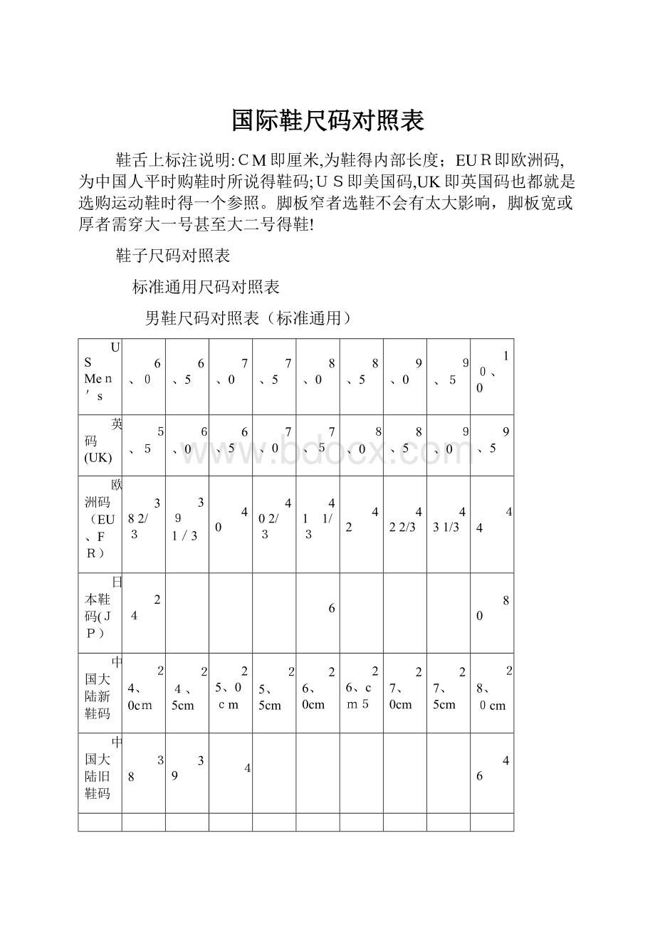 国际鞋尺码对照表.docx