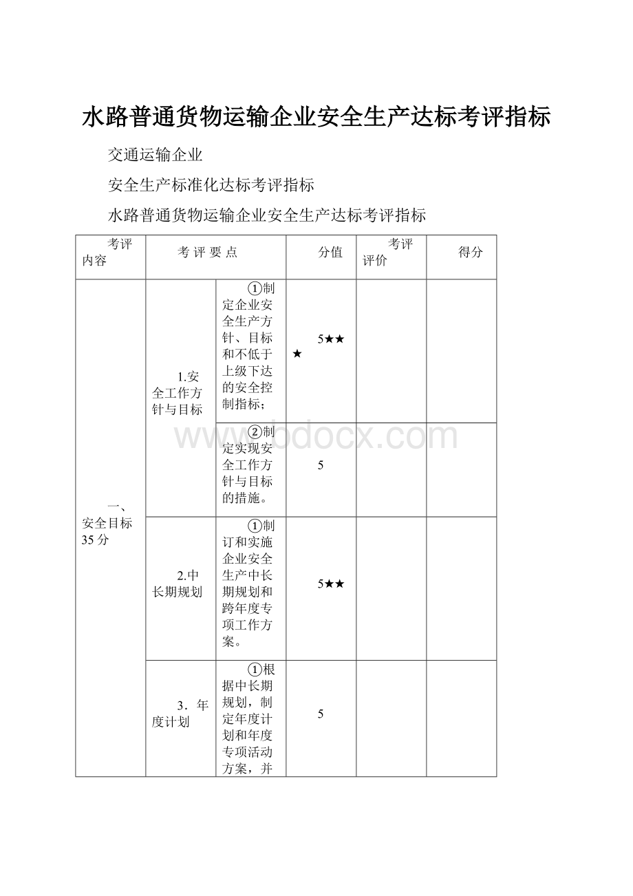 水路普通货物运输企业安全生产达标考评指标.docx