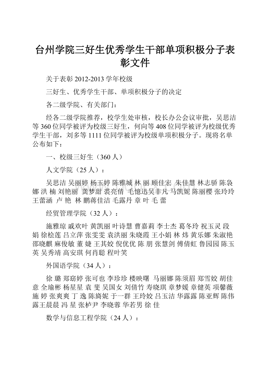 台州学院三好生优秀学生干部单项积极分子表彰文件.docx