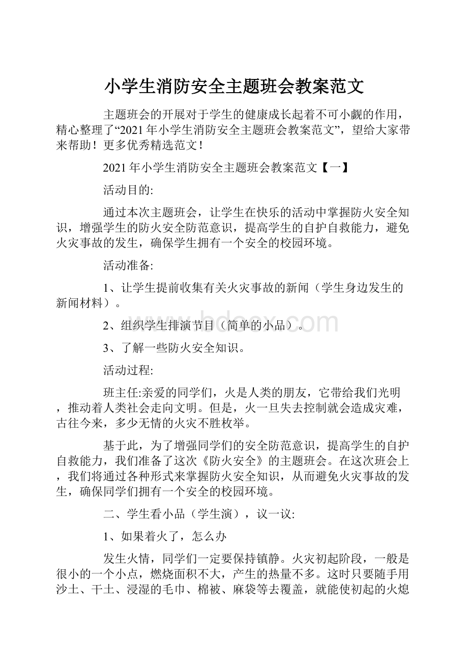 小学生消防安全主题班会教案范文.docx