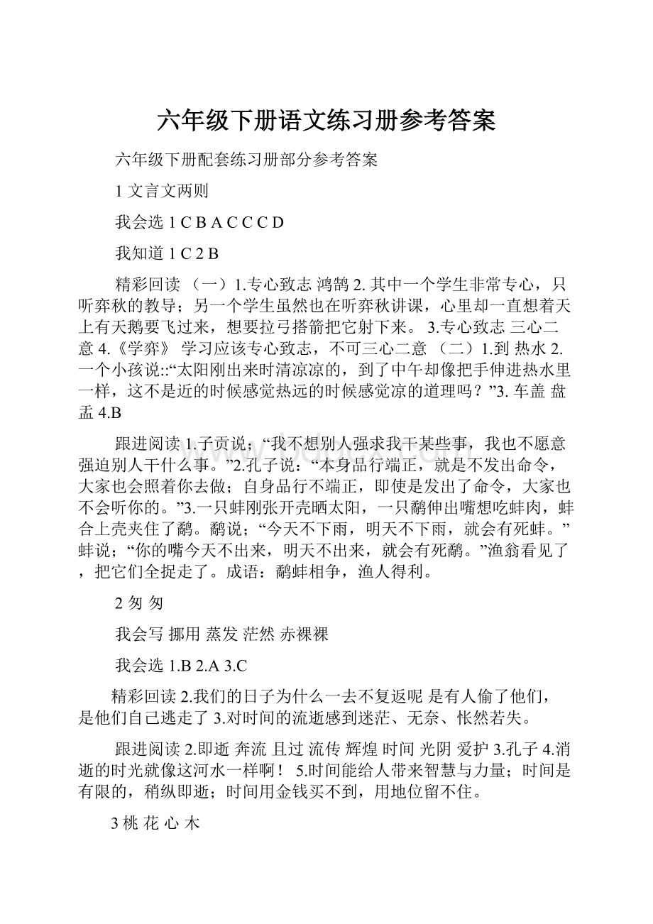 六年级下册语文练习册参考答案.docx