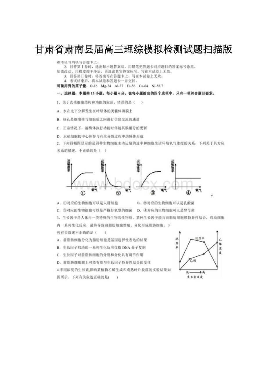 甘肃省肃南县届高三理综模拟检测试题扫描版.docx