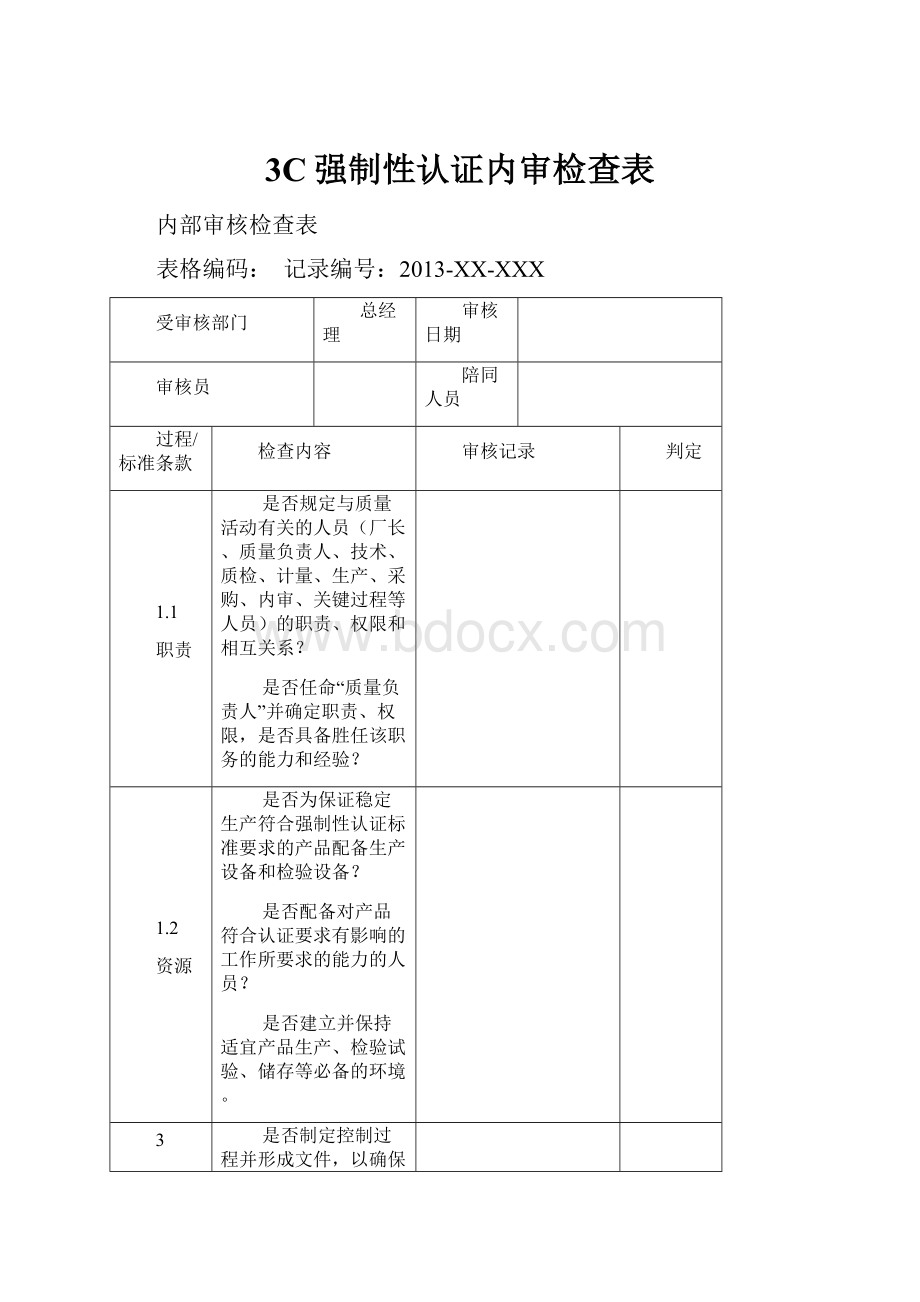 3C强制性认证内审检查表.docx_第1页