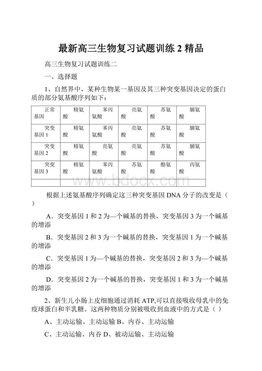 最新高三生物复习试题训练2 精品.docx