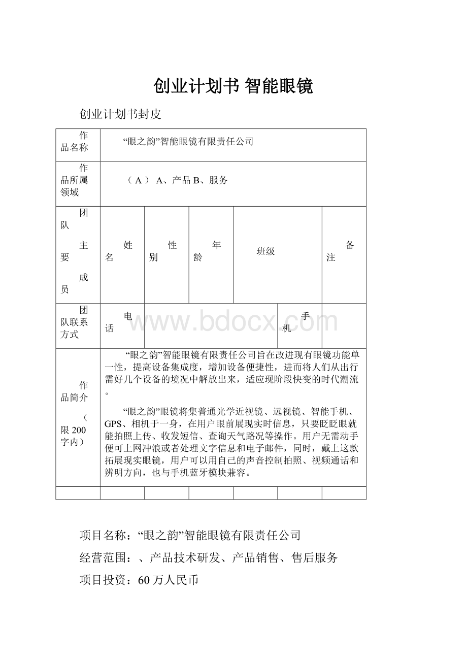 创业计划书 智能眼镜.docx_第1页