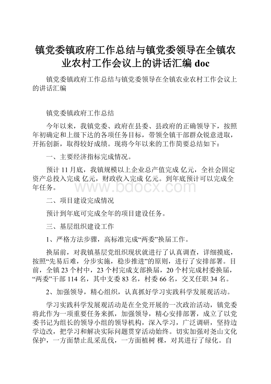 镇党委镇政府工作总结与镇党委领导在全镇农业农村工作会议上的讲话汇编doc.docx_第1页