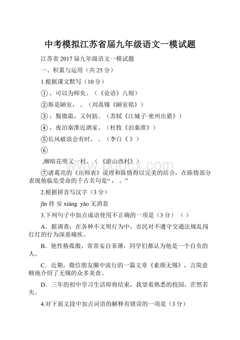 中考模拟江苏省届九年级语文一模试题.docx