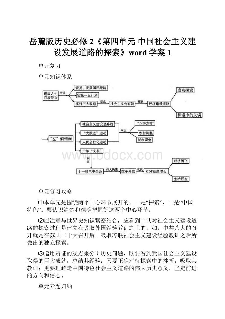 岳麓版历史必修2《第四单元 中国社会主义建设发展道路的探索》word学案1.docx