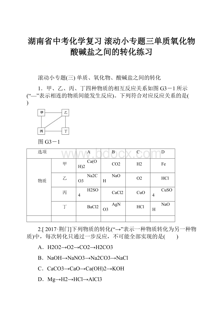 湖南省中考化学复习 滚动小专题三单质氧化物酸碱盐之间的转化练习.docx