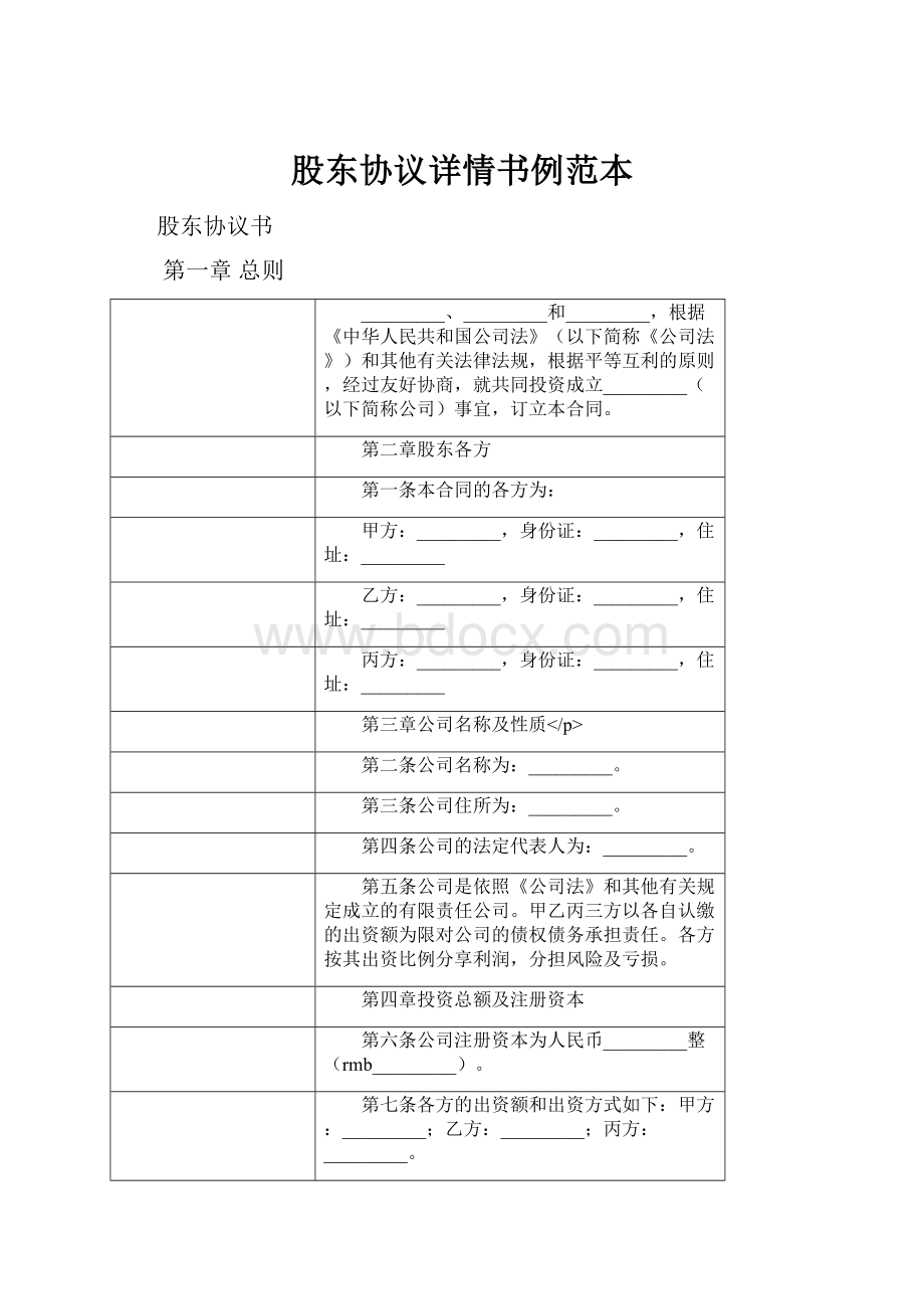 股东协议详情书例范本.docx