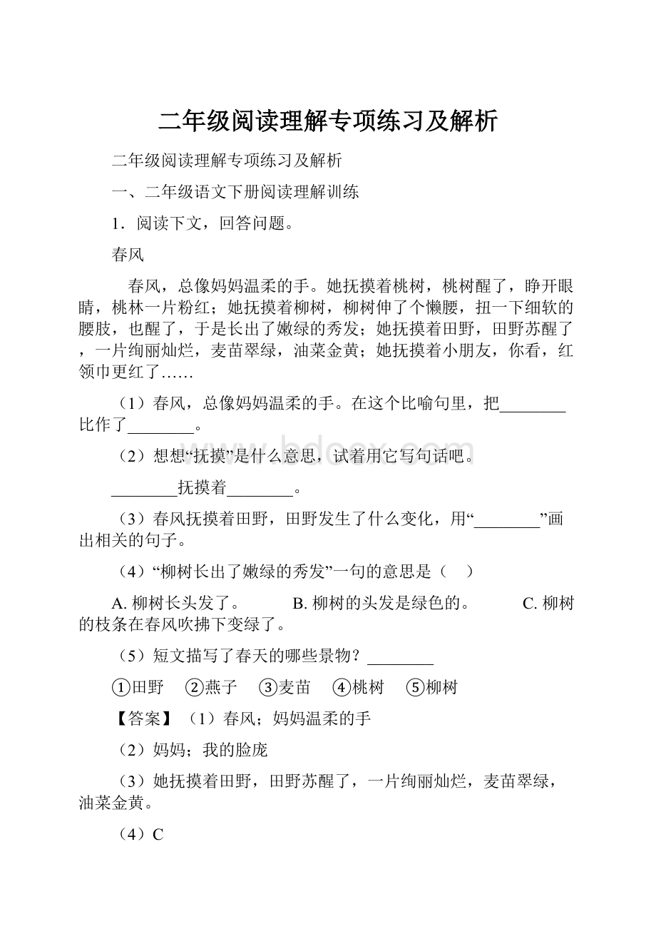 二年级阅读理解专项练习及解析.docx