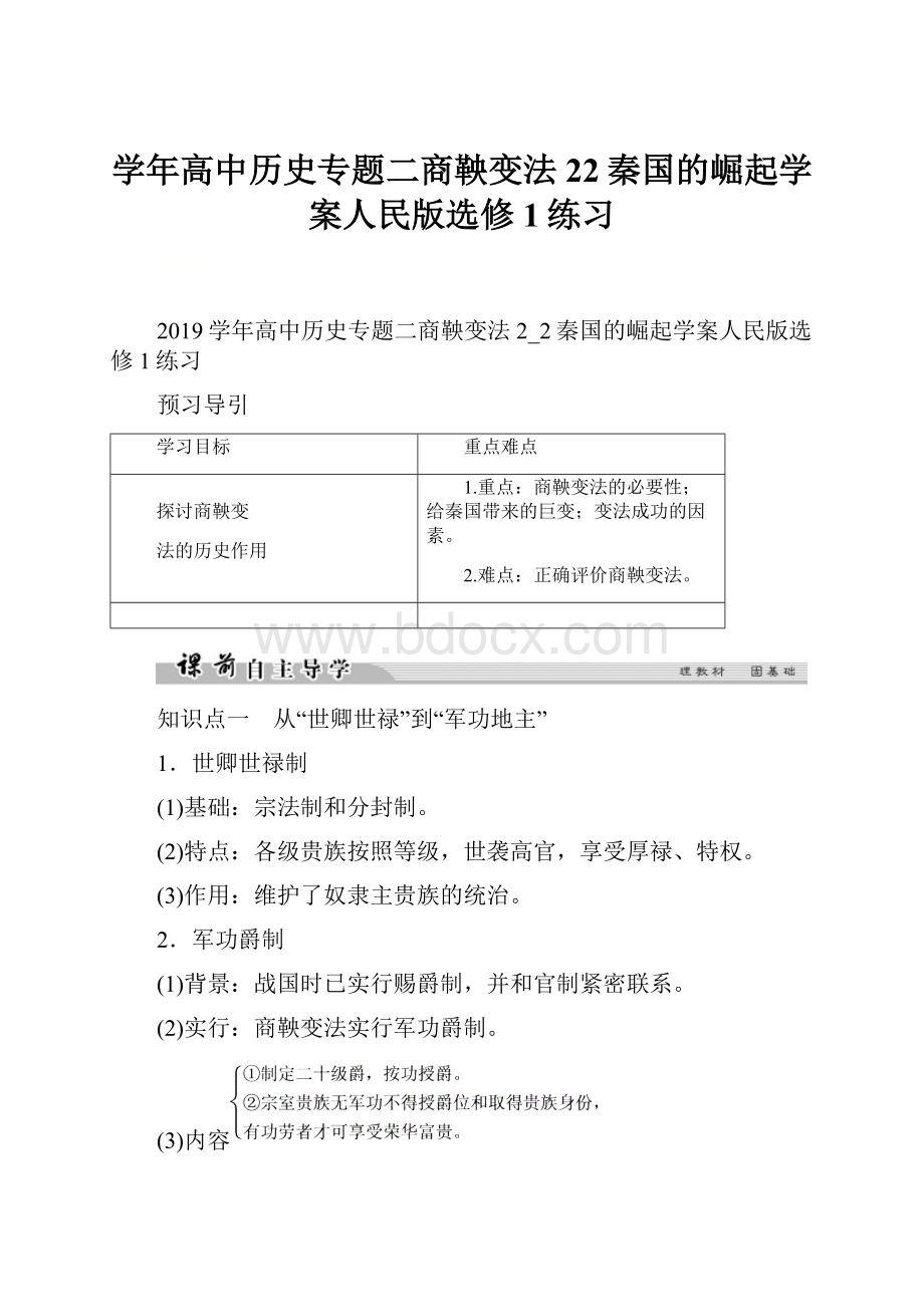 学年高中历史专题二商鞅变法22秦国的崛起学案人民版选修1练习.docx_第1页