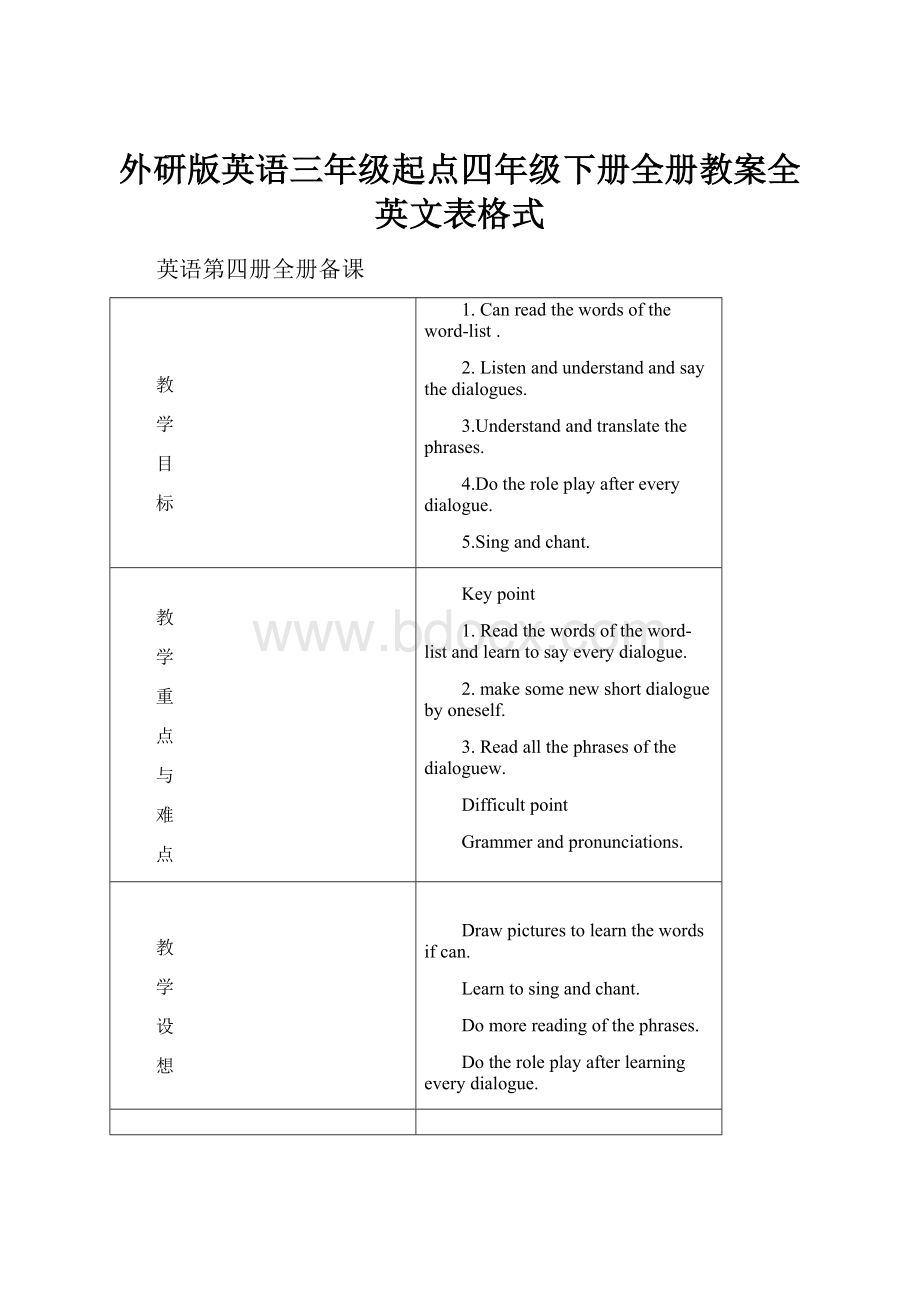 外研版英语三年级起点四年级下册全册教案全英文表格式.docx