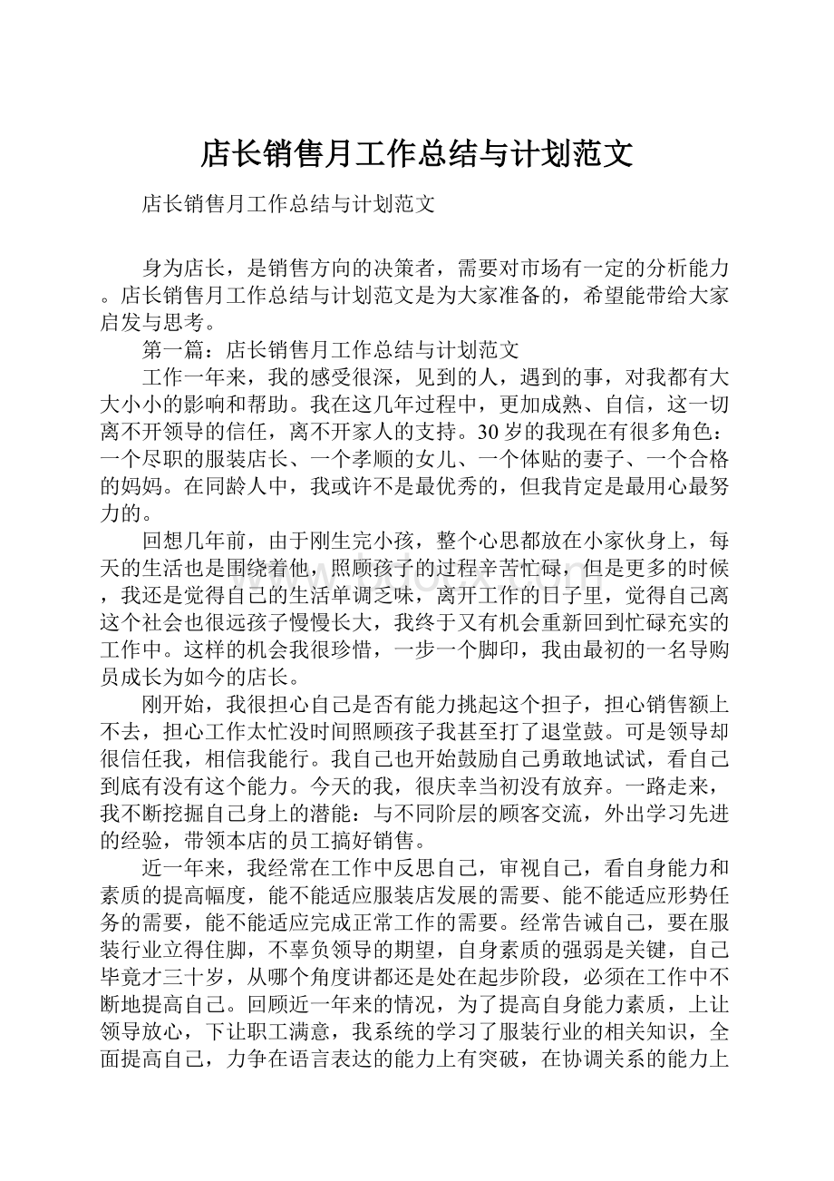 店长销售月工作总结与计划范文.docx