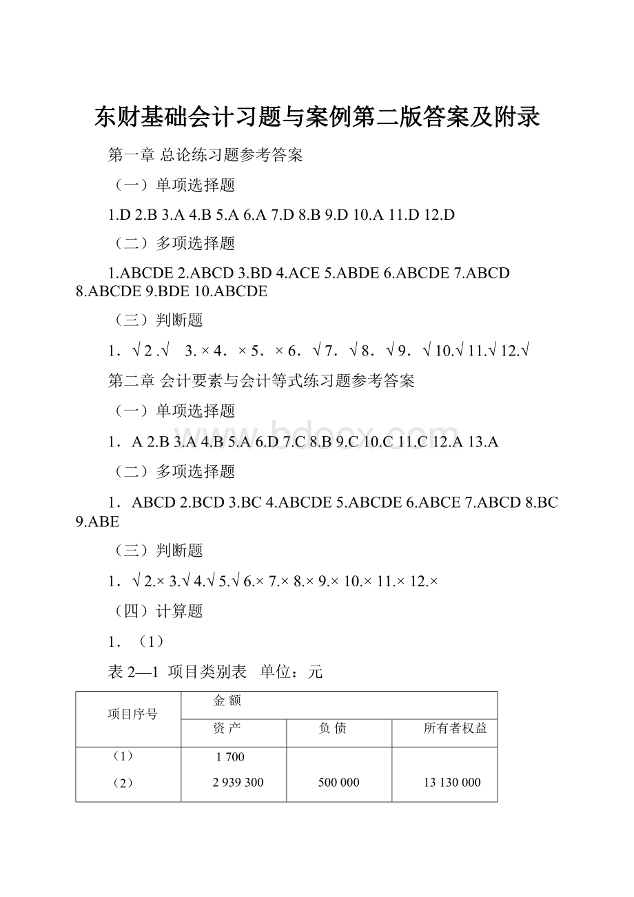 东财基础会计习题与案例第二版答案及附录.docx